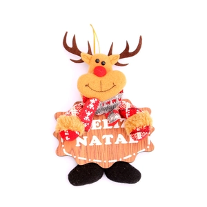 Ciondolo natalizio a forma di renna in tessuto con targa in legno Feliz Natal