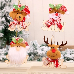 Christmas Wood Plush Hanging Ornaments Santa Snowman Reindeer Bear With Letter Plaque Bells Tree Decor For Home Party