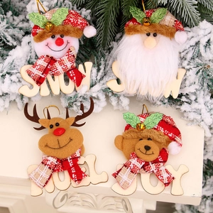 Set of four wooden Christmas hanging ornaments with Snowman, Santa, Reindeer and Bear