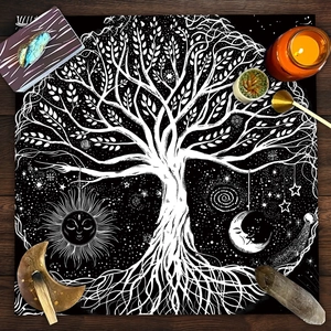 Detailed view of Tree of Life altar cloth with celestial moon and star patterns