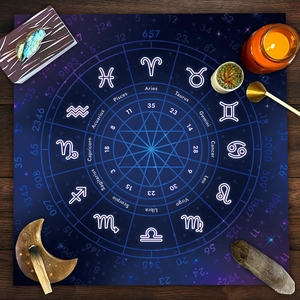 Detail of blue zodiac tarot tablecloth with star map and constellation names on wood