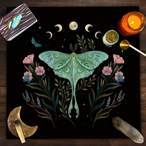 Black velvet tarot tablecloth with green luna moth, moon phases and floral print
