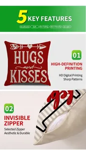 Detail of linen cushion cover featuring Hugs and Kisses print and hidden zipper