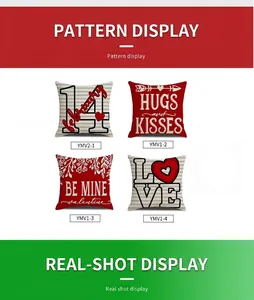 Macro shot of Valentine's Day linen pillow covers with Love and February 14th patterns