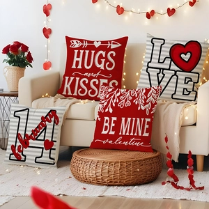 Valentine's Day Linen Throw Pillow Covers Red White Love Heart Patterns Decorative Cushion Case For Sofa Living Room Decor