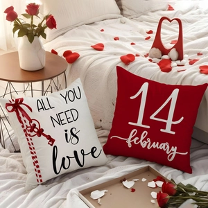 Valentine's Day pillow cover set with red heart motifs and linen love prints for sofa