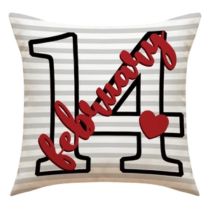 Linen Valentine's Day pillow cover with February 14th heart and stripe pattern