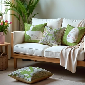 Set of four Easter bunny and floral print linen cushion covers on a sofa