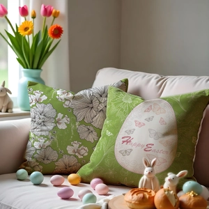 Easter decorative linen pillowcases with floral rabbit prints and Happy Easter text