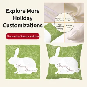 Linen Easter pillowcase with cute white rabbit print and Happy Easter greeting text