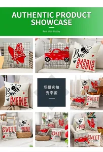 Detail shots of Valentine's Day pillow covers with red trucks and sweet bee patterns