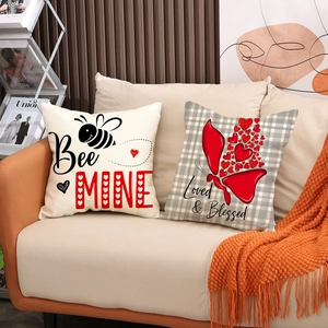 Romantic Valentine pillow covers set with bee and plaid designs on a cozy leather sofa