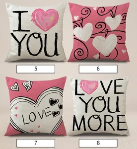 Detail of four linen Valentine heart pillow covers showing fabric texture and romantic prints