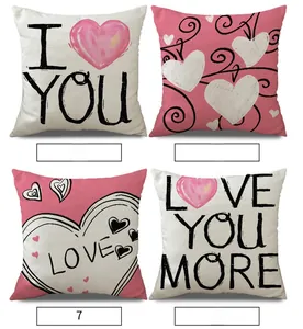 Detail of four linen Valentine heart pillow covers showing fabric texture and romantic prints