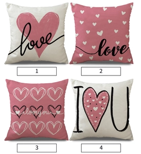 Detailed grid showing four romantic heart-themed Valentine's cushion covers in pink and white