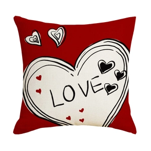 Linen Valentine's Day cushion cover in red with Love heart print on white background