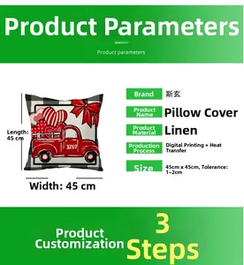 Linen Valentine's Day pillow cover with red truck design and 45x45cm dimensions