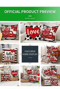 Rustic linen pillow covers with red truck and heart patterns for Valentine's home decor