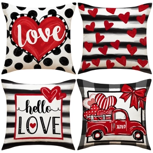 Valentine Day Heart Cushion Cover Love Truck Buffalo Plaid Linen Decorative Pillowcase