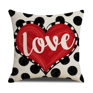 Linen Valentine heart pillow cover with love text and black polka dot pattern