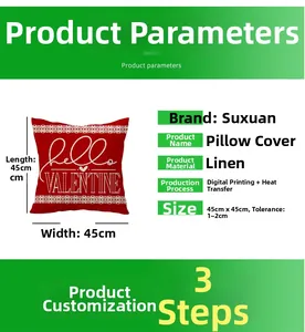Detailed specs of red linen pillowcase with hello VALENTINE print and lace design