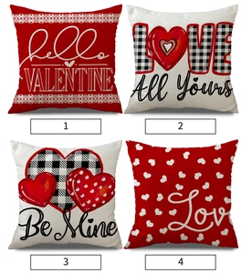 Detail of four Valentine's linen pillowcases with heart and plaid patterns for sofa decor