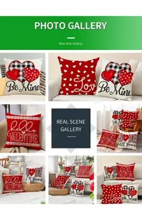 Detailed view of linen Valentine heart pillowcases with Be Mine and Love letter prints