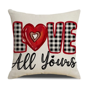 Linen Valentine's Day pillowcase featuring LOVE buffalo plaid letters and All Yours text
