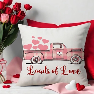 Valentine farmhouse pillow cover with pink love truck and heart pattern on linen fabric