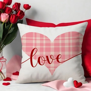 Plaid heart Valentine pillowcase with love script for farmhouse sofa decor