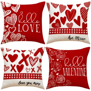 Set of four Valentine's Day red heart and floral pillow covers for festive home decor