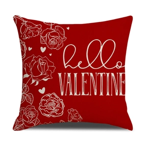 Detail of red Valentine's Day pillowcase with white rose pattern and hello VALENTINE text