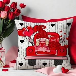 Valentine's Day pillowcase featuring heart truck and gnome on white striped fabric