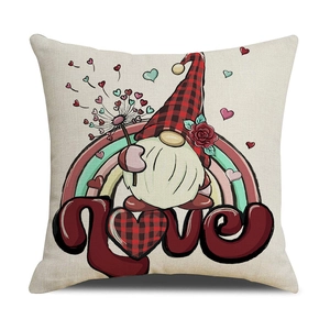 Linen LOVE Valentine cushion cover with cartoon gnome rainbow and heart pattern