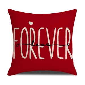 Macro detail of red linen pillowcase with white FOREVER and black love printed text