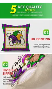 Detail of invisible zipper and digital print on Mardi Gras throw pillow cover