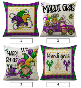 Detailed view of four Mardi Gras pillow covers featuring gnomes and carnival masks