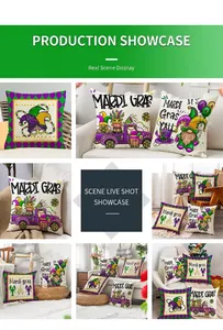 Detail showing various Mardi Gras pillow covers with gnome and mask patterns on a sofa