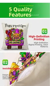 Detail of the high-definition Mardi Gras print and invisible zipper on the linen pillowcase