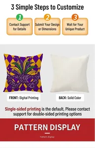 Detail of Mardi Gras pillow cover showing purple mask pattern and linen texture contrast