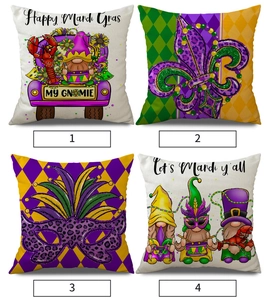 Detail view showing four Mardi Gras pillow cover designs with gnomes and fleur-de-lis