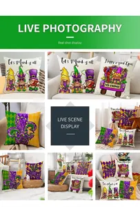 Detail view of Mardi Gras pillow covers with festive gnomes and fleur-de-lis patterns