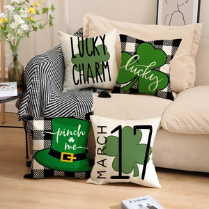 Set of 4 Saint Patrick's Day clover and buffalo plaid linen pillow covers for sofa decor
