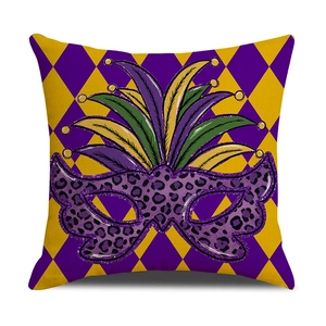 Mardi Gras theme square pillow cover with purple diamond pattern and feather mask decoration