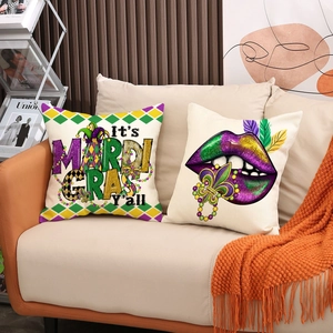 Set di due federe Mardi Gras in lino con labbra viola e motivi per il divano