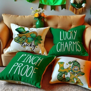 4er-Set St. Patrick's Day Kissenbezüge aus Leinen mit Kleeblatt- und Gnom-Motiven