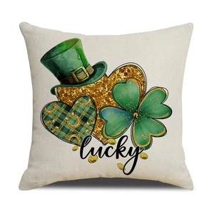 St. Patricks Day Kissenbezug aus Leinen mit grünem Hut und Lucky Kleeblatt Muster
