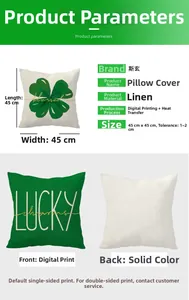 Linen St. Patrick's Day pillow cover detail showing 45x45cm size and LUCKY clover print