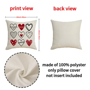 Linen style heart throw pillow cover with red and black Valentine's day patterns
