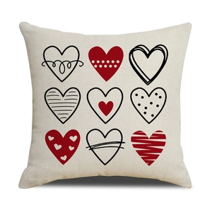 Linen Valentine heart throw pillow cover with red and black hand-drawn grid pattern